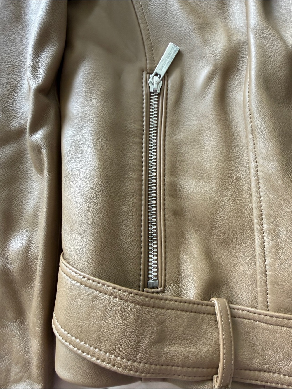 Michael Kors Women's Belted Leather Moto Coat Husk L NWT $480 - Picture 5 of 16